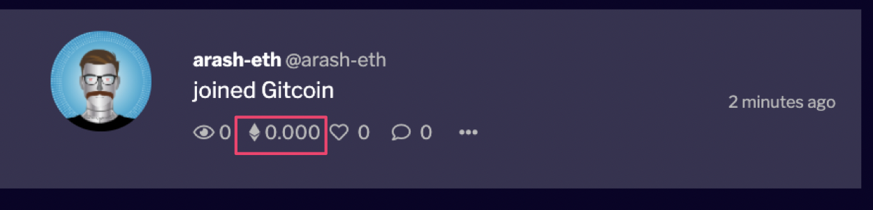 Tipping interface with Ethereum symbol on the newsfeed